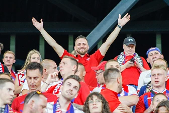 Kibice na meczu eliminacji Ligi Mistrzów: Raków Częstochowa - FC Kopenhaga